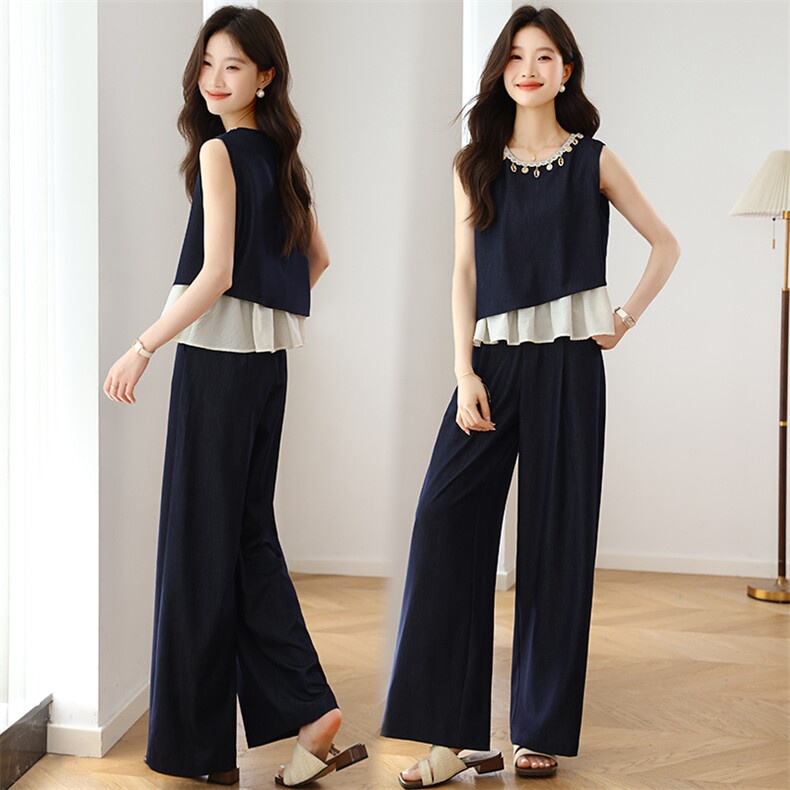 时尚松弛感穿搭背心套装女2025夏季新款拼接无袖上衣阔腿裤两件套，女装套装/套裙，婷轩阁