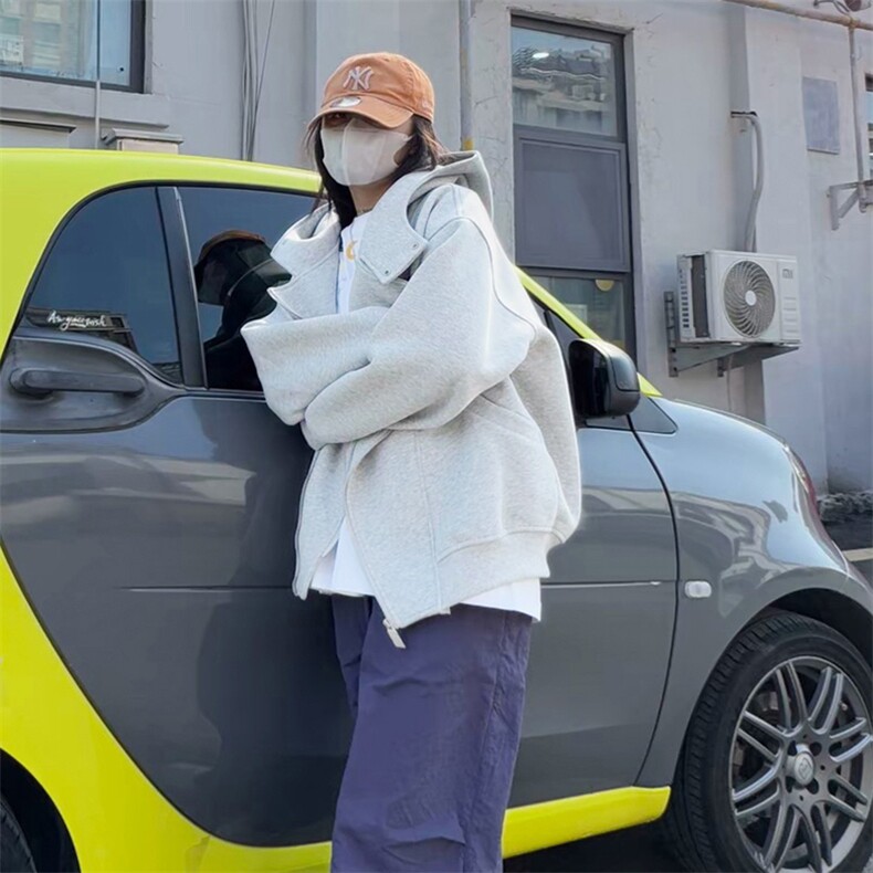 抖音得物品质26春装美式重磅结构斜拉链高领连帽卫衣开衫外套W61,女装短外套,电商A486
