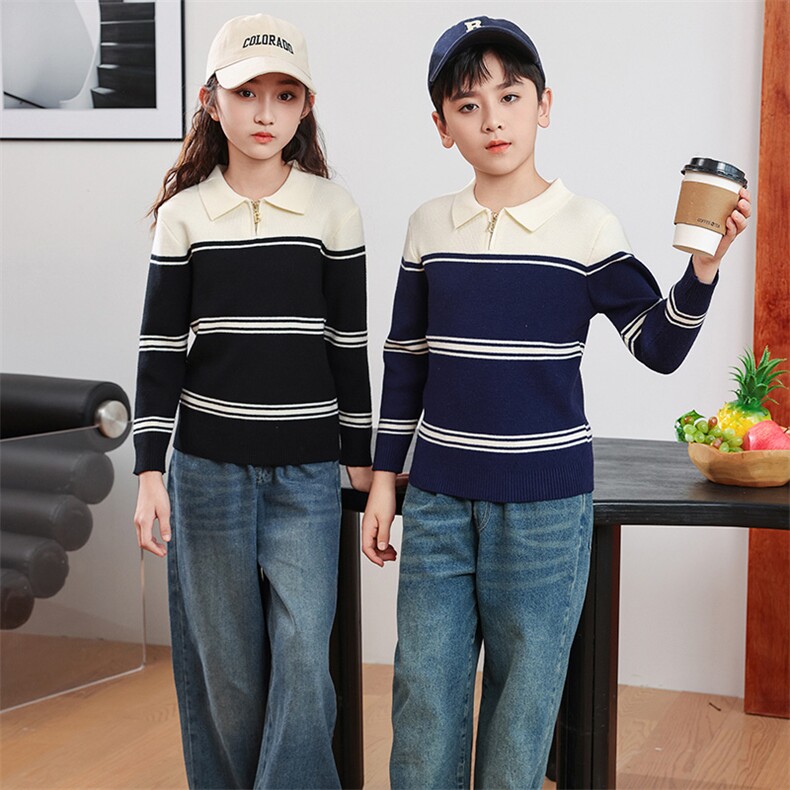 2024冬季新款童装男童毛衣中大童条纹拼接polo领女童针织上衣，童装儿童针织衫，暖姿羊绒童装店