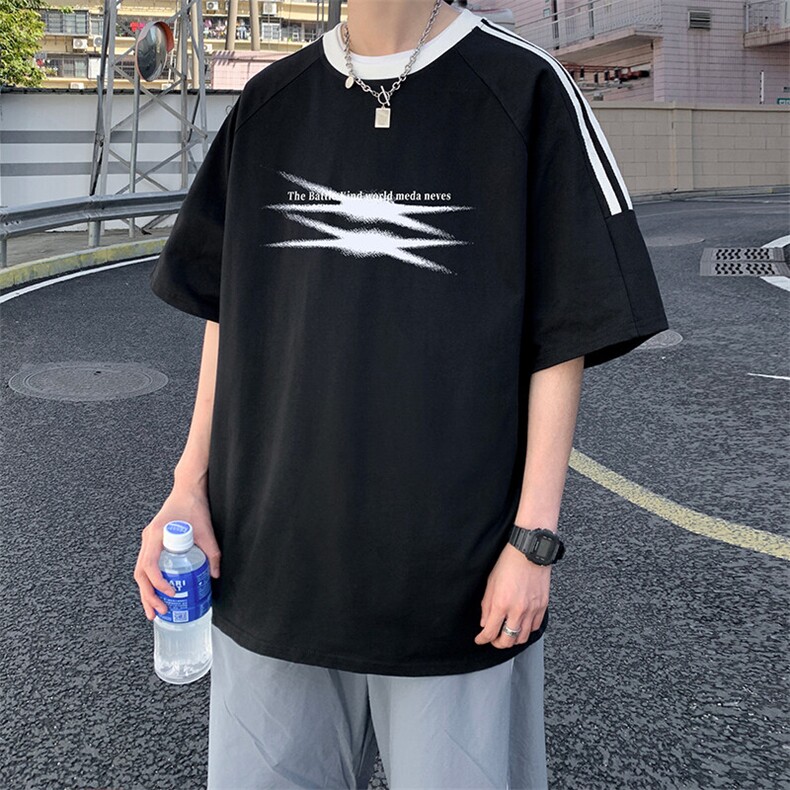 夏季美式高街重磅纯棉三条杠织带撞色男女短袖T恤ZD636-特P30,男装T恤,电商A486-1
