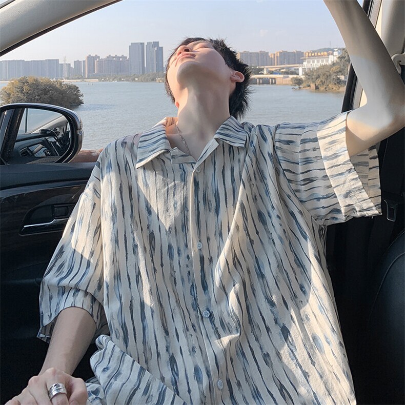 条纹短袖衬衫 5X4010-TP4579 扎染设计感沙滩宽松休闲上衣男图片
