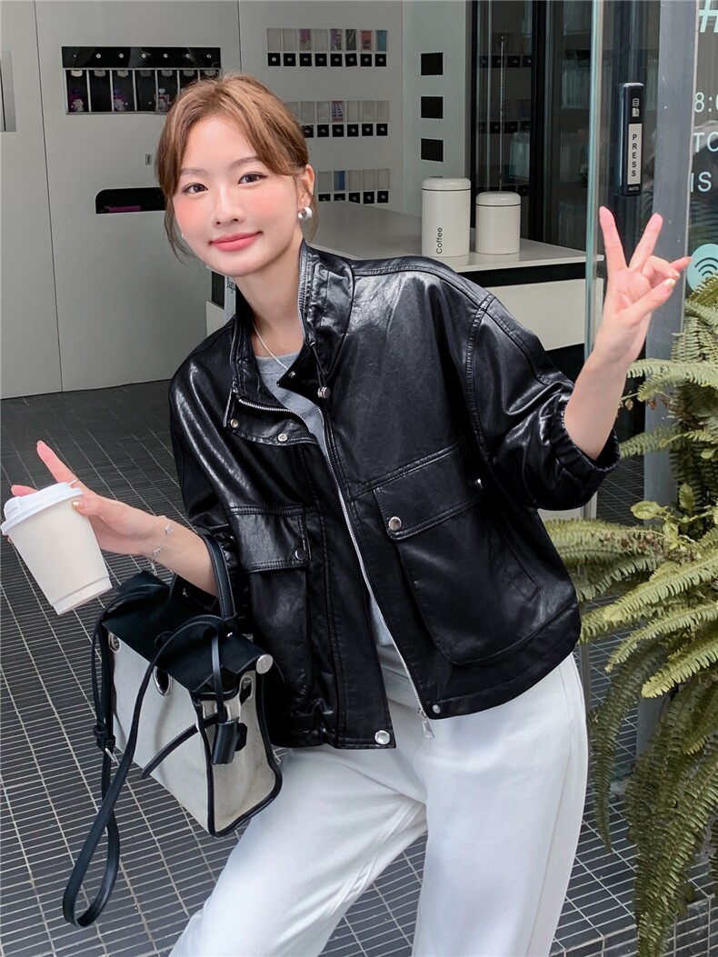 黑色pu皮衣春秋季新款女装正肩小翻领机车显瘦气质短外套韩版时尚,女装短外套,意芙