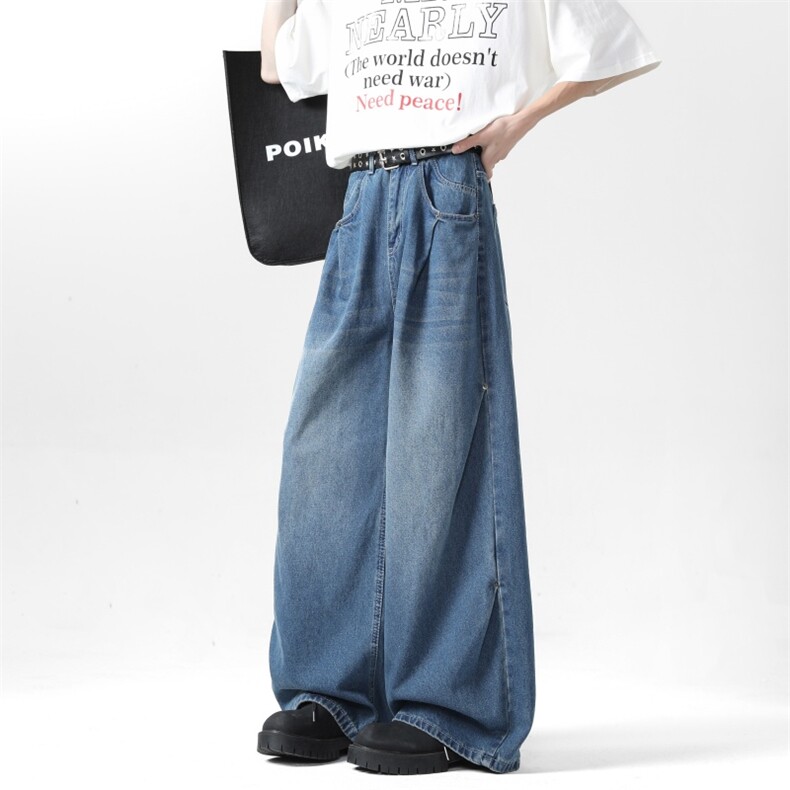 褶皱阔腿牛仔裤男春秋季美式复古cleanfit宽松水洗做旧长裤,男装牛仔裤,星座410-6（原星座1304-1）