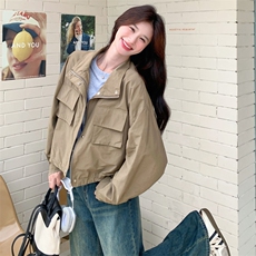 美式复古工装风衣短外套女春秋2025新款慵懒风chic夹克上衣小个子，女装短外套，2D143