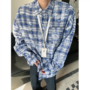 现货~ 扎染格子大码长袖衬衫 C5885/特P28 蓝图片