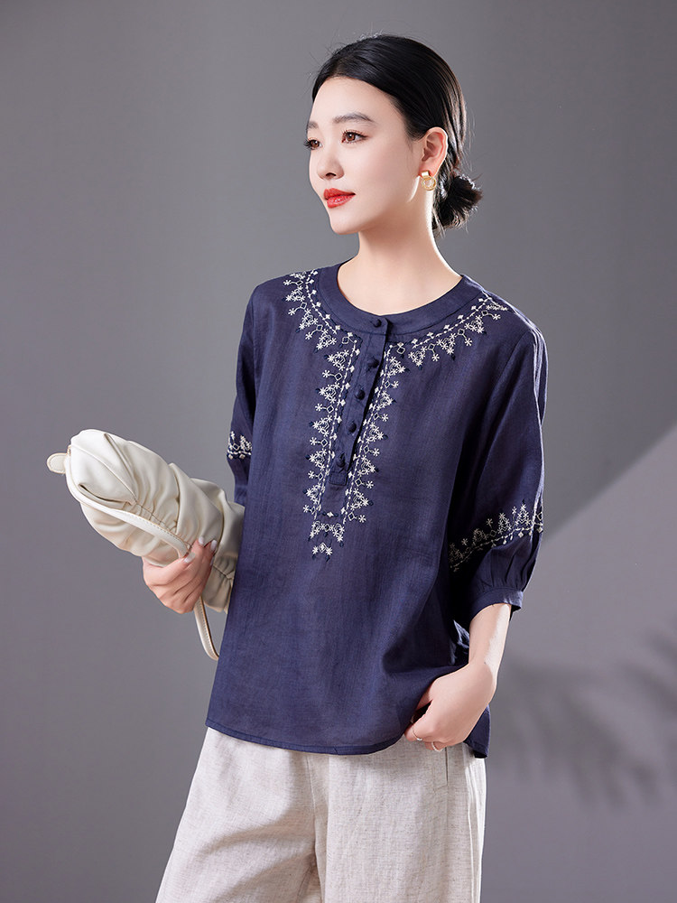 2025天丝苎麻文艺复古刺绣夏季新款立领衬衫宽松绣花妈妈小衫上衣,女装衬衫,靓衣阁