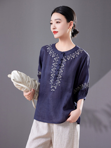 2025天丝苎麻文艺复古刺绣夏季新款立领衬衫宽松绣花妈妈小衫上衣图片
