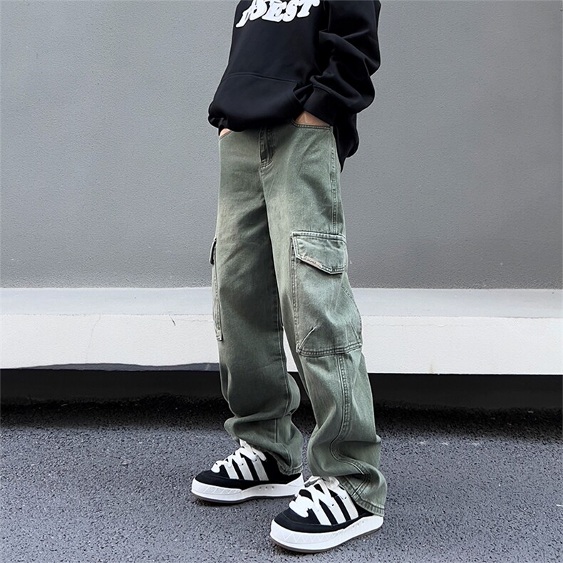 美式高街vibe风直筒长裤欧美痞帅男hiphop复古水洗拼接工装牛仔裤图片
