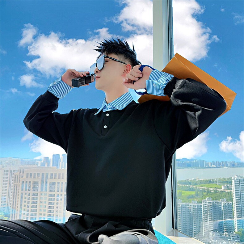 AW206/P78控108秋季社会小伙假两件百搭撞色拼接打底卫衣男黑首图片