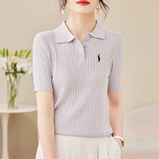 冰丝刺绣POLO领短袖t恤打底衫女内搭针织半袖2025春季新款上衣，女装针织衫/毛衣，质第工厂直营店