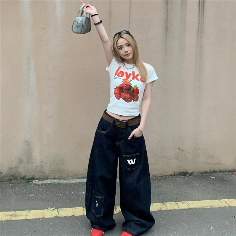 青少年设计感字母印花阔腿牛仔裤男女美式hiphop裤子立体裁弯刀裤,男装牛仔裤,星座1210-1