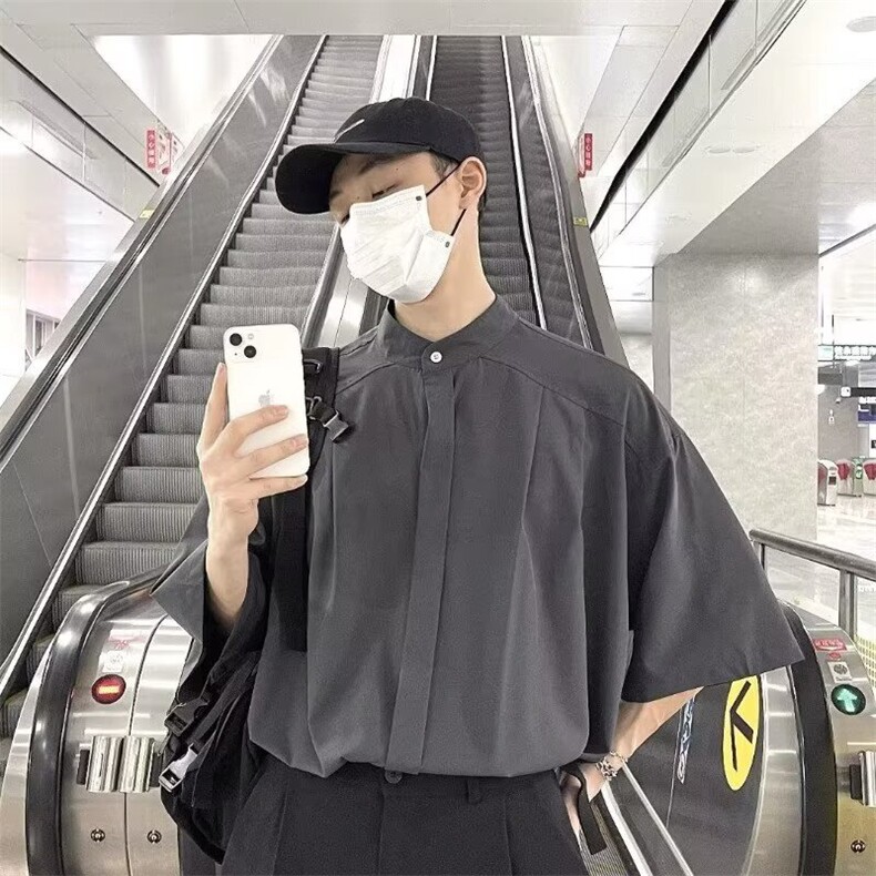 短袖衬衫男士设计感高级垂感新中式男装风无领衬衣CSL120,男装T恤,星座516A