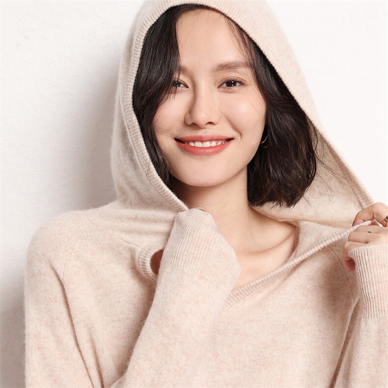 时尚潮流通勤简约百搭秋冬新款女士连帽羊绒衫保暖舒适,女装羊绒衫,艾米娇羊绒