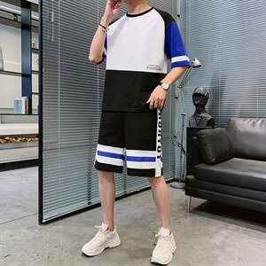 夏季透气纯棉短袖T恤套装男宽松短袖短裤运动两件套F214P58 控78图片
