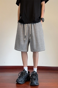 复古拼接格子短裤男夏季小香风直筒休闲中裤潮牌美式阔腿五分裤子图片