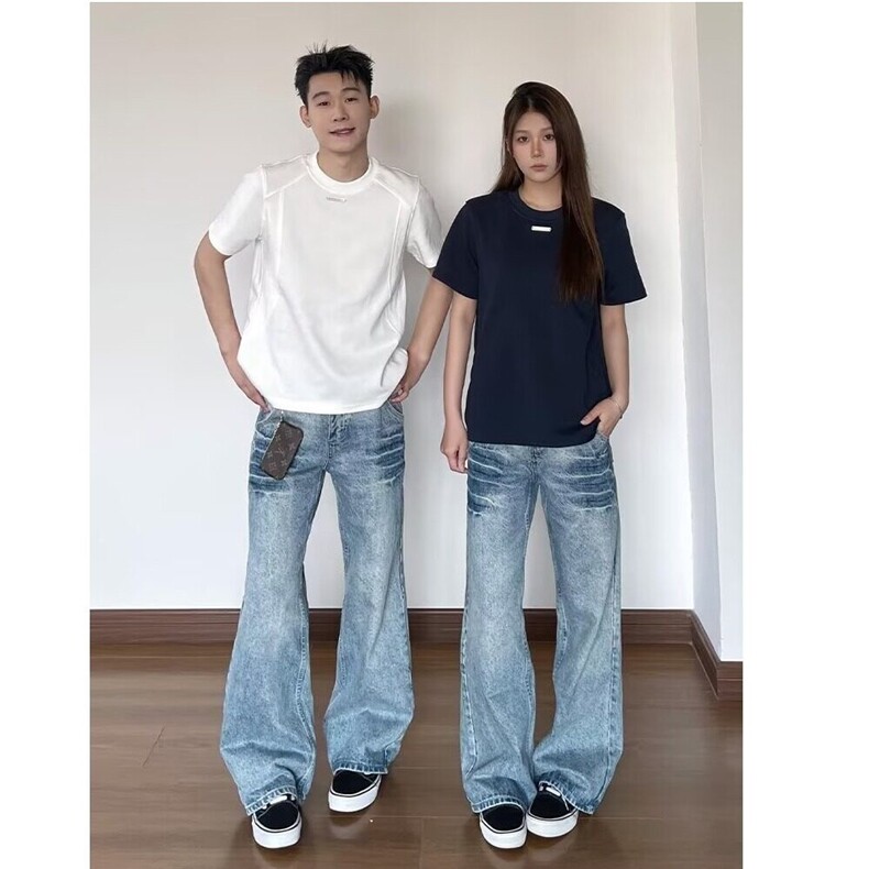 闪电纹冰蓝色牛仔裤男款美式微喇情侣裤子cleanfit修身显瘦直筒裤图片