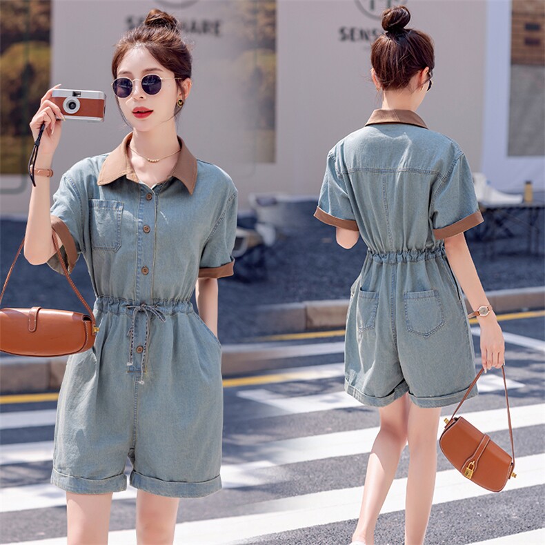 2023夏季新款女装连体裤韩版时尚休闲短袖牛仔连衣裤女士夏装短裤，女装连体裤，慧尚依恋