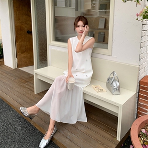 温柔系白色漂亮初恋无袖背心连衣裙女夏季超仙法式网纱拼接长裙子图片