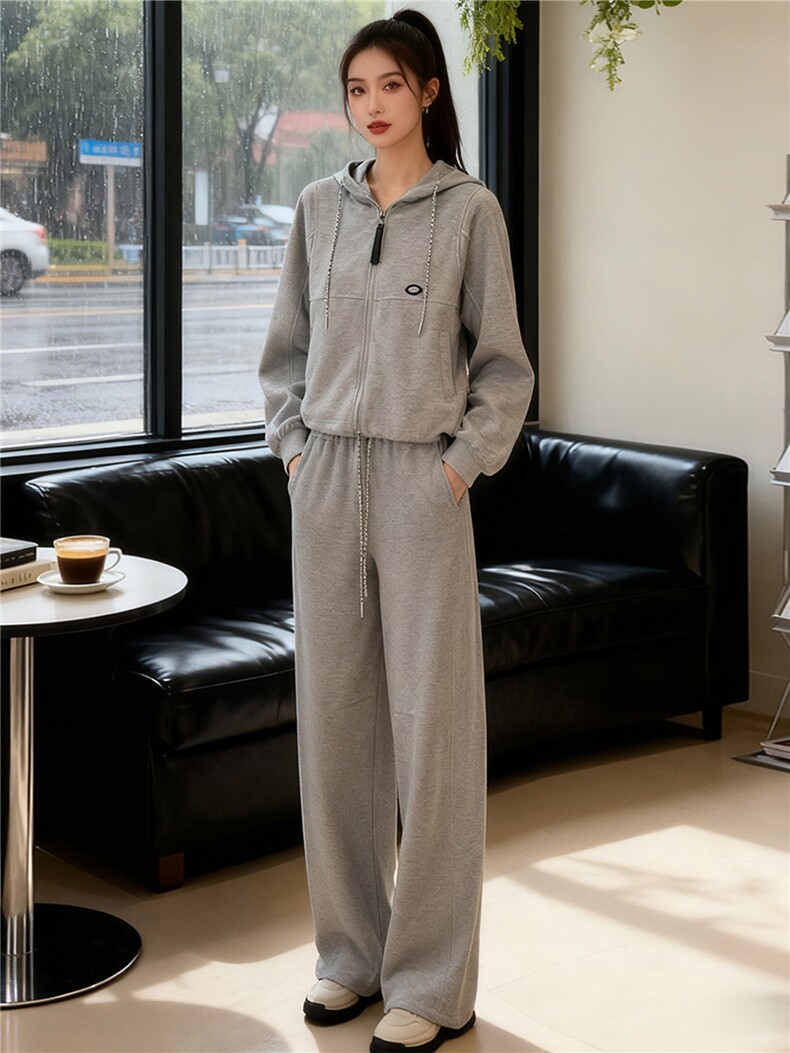设计高级感休闲运动套装女春季新款气质减龄连帽卫衣阔腿裤两件套,女装套装/套裙,江南