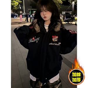 现货高品质美式高街重磅刺绣座山雕大毛毛领棉衣男女加厚棉服外套图片