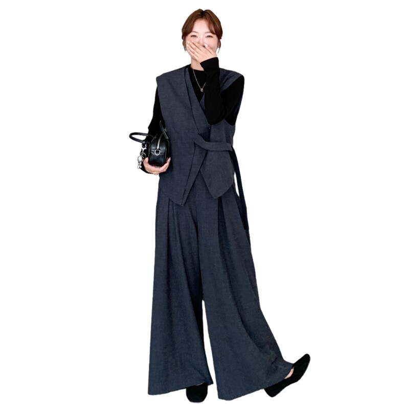老钱风马甲+黑色打底上衣+阔腿裤三件套2C375-572-P185-K278,女装套装/套裙,2C375