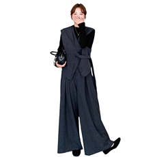 老钱风马甲+黑色打底上衣+阔腿裤三件套2C375-572-P185-K278，女装套装/套裙，2C375