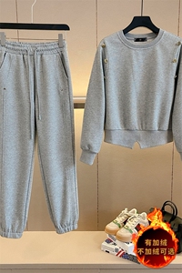 女春季新款圆领套头订扣设计感卫衣束脚裤两件套图片