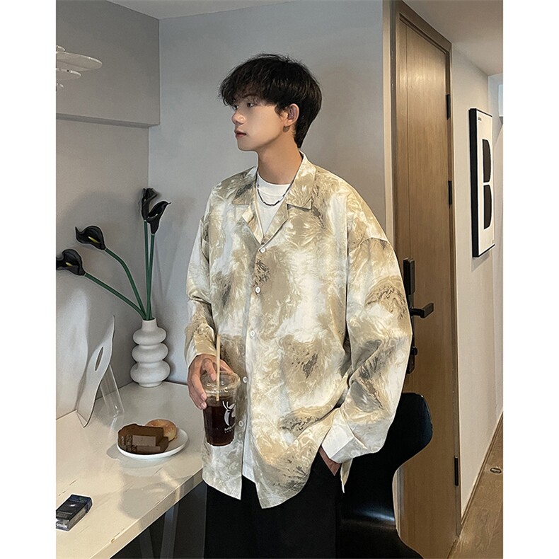 古巴领水墨扎染衬衫男长袖薄款冰丝衬衣cleanfit高级感巴洛克外套,男装衬衫,电商A071