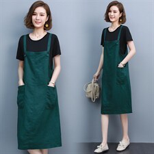 2021夏季新款简约时尚气质休闲舒适中长款可调节背带裙两件套，女装连衣裙，雪樱依海