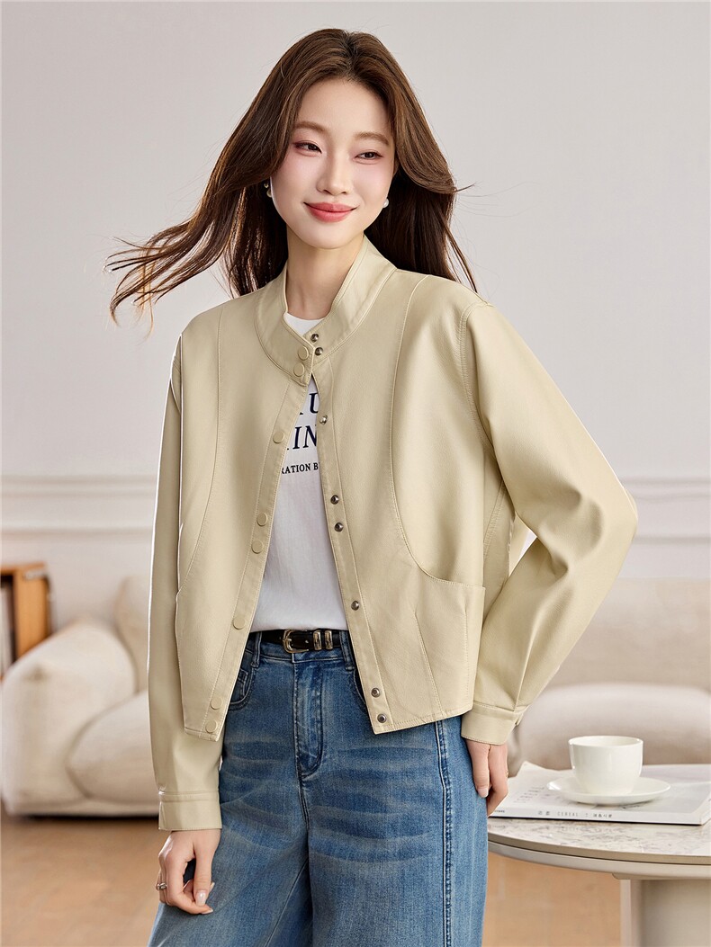 【春季女装新款】2026大量现货春季时尚百搭短款立领皮衣外套,女装皮衣,缘衣格