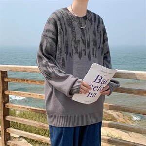 日系潮牌圆领毛衣春秋休闲针织衫潮流长袖套头潮男上衣  M169-P48图片