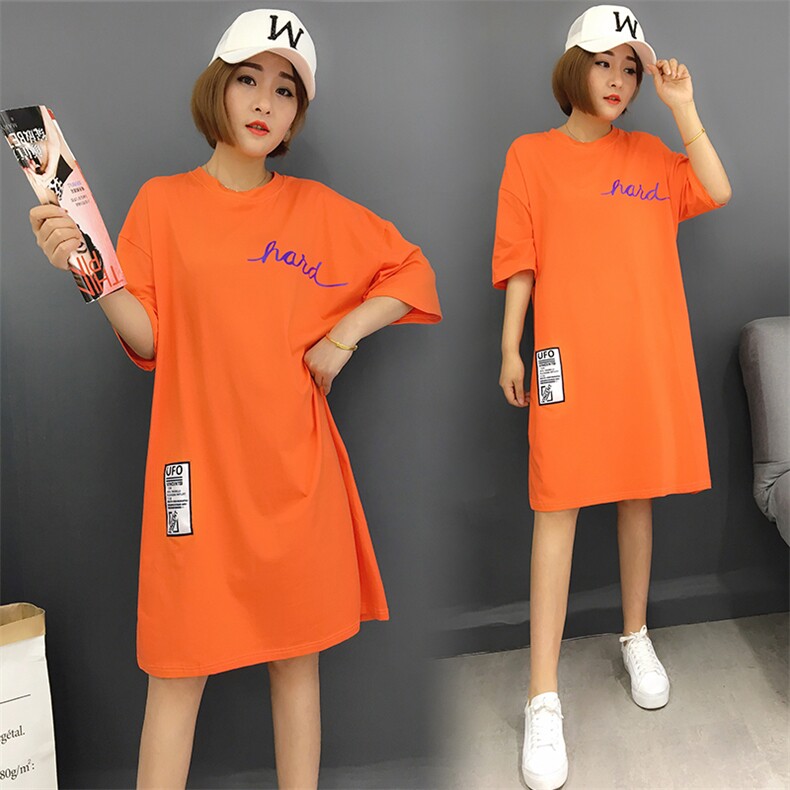 T恤圆领印花2021年夏季短袖中长款韩版潮流时尚百搭休闲显瘦修身，女装T恤，诗贝淇