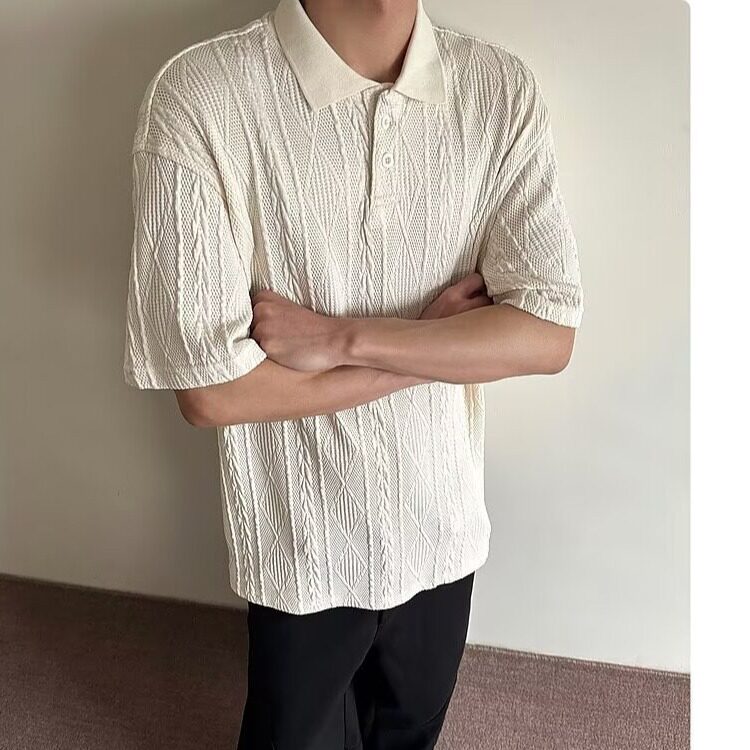美式复古宽松肌理感针织polo衫男夏季复古翻领T恤透气老钱风短袖,男装Polo衫,星座506A