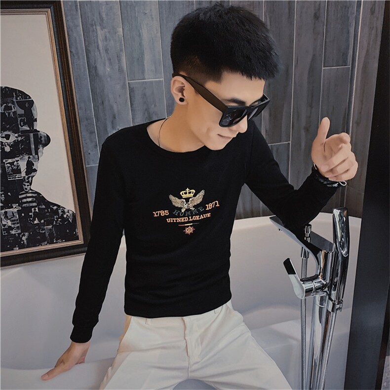 5秋季长袖修身T恤刺绣社会精神小伙韩版潮男打底衫C301B-CT12,男装T恤,电商C301B