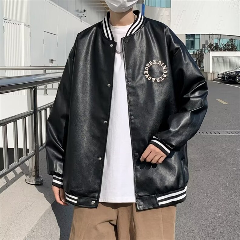 美式机车皮衣外套男春秋款ins高街潮牌宽松棒球服W236P65图片