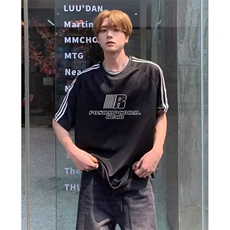 抖音得物高品质二开240克宽松纯棉美式潮牌三条杠织带短袖T恤，男装T恤，电商A486-1