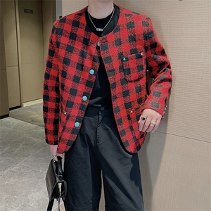 王嘉尔同款复古红色格子外套男时尚高级感小香风夹克JK2353-P130图片