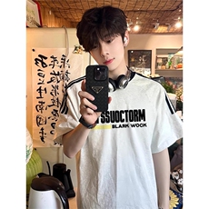 夏季美式高街重磅纯棉三条杠织带撞色男女短袖T恤ZD307-特P30，男装T恤，电商A486