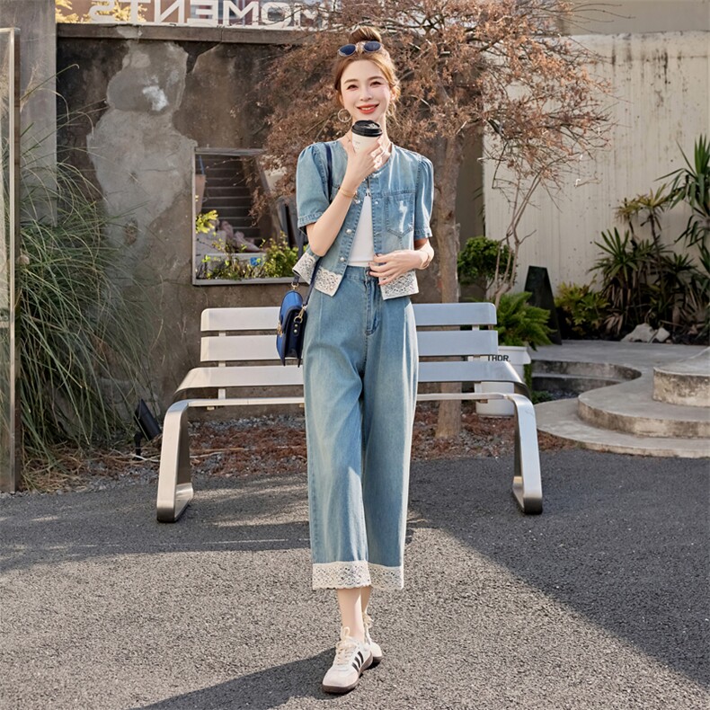 小香风气质短袖牛仔套装女2025夏季减龄一整套蕾丝拼接休闲两件套,女装套装/套裙,意芙