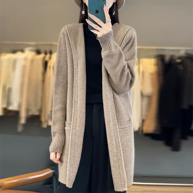 中长款连帽羊绒开衫女长袖针织外套毛衣宽松羊毛衫带兜上衣,女装羊毛衫,忠诺羊绒