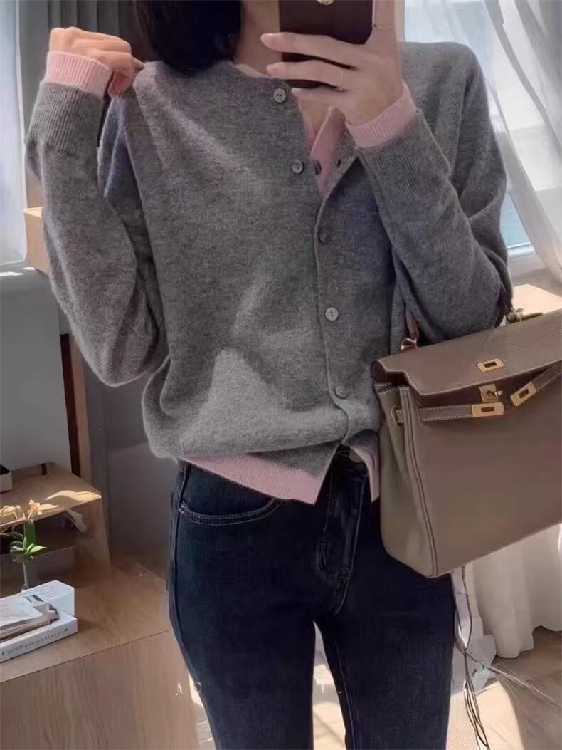 高级慵懒风澳洲美丽诺羊毛假两件开衫女圆领秋冬加厚毛衣外套,针织衫/毛衣,美轩羊绒