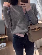 高级慵懒风澳洲美丽诺羊毛假两件开衫女圆领秋冬加厚毛衣外套，女装针织衫/毛衣，美轩羊绒