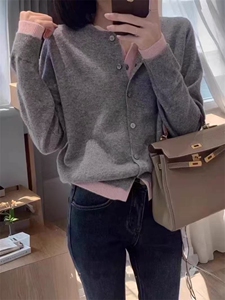 高级慵懒风澳洲美丽诺羊毛假两件开衫女圆领秋冬加厚毛衣外套图片