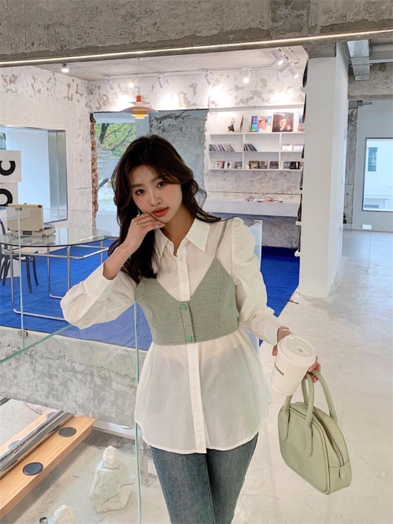 【现货】春款新泡泡袖背心两件套衬衫，女装背心吊带，NIY