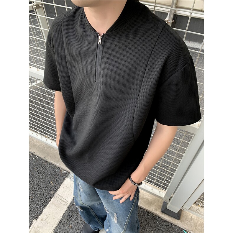 港风V领2025夏季新款男装华夫格宽松短袖T恤大码拉链衫S411特P20,男装T恤,电商A233-1