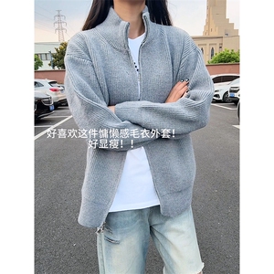 重磅秋冬北极绒双拉链毛衣开衫美式复古休闲慵懒风宽松针织衫外套图片