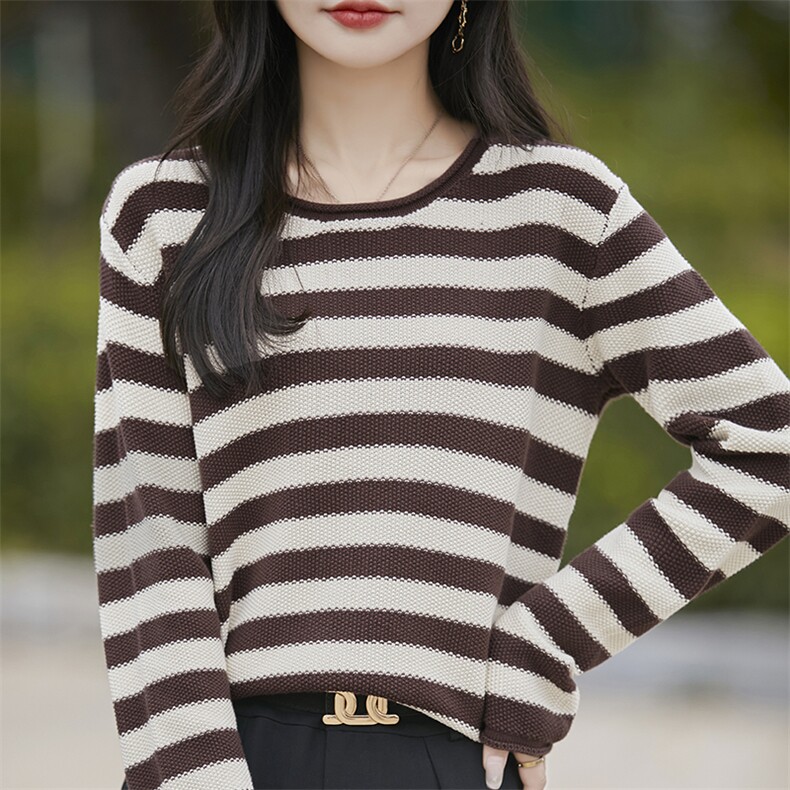 时髦减龄纯棉针织条纹打底衫女2025秋冬新款加厚保暖针织衫毛衣秋，女装针织衫/毛衣，斯美雅电商供货
