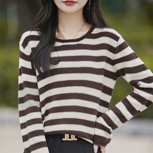 时髦减龄纯棉针织条纹打底衫女2025秋冬新款加厚保暖针织衫毛衣秋,女装针织衫/毛衣,斯美雅电商供货