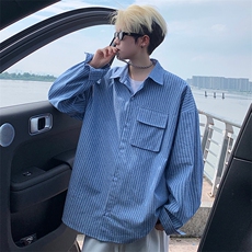 衬衫男秋季新款港风宽松大码立体口袋纯棉条纹长袖衬衣CS3099-P42，男装衬衫，星座214-3