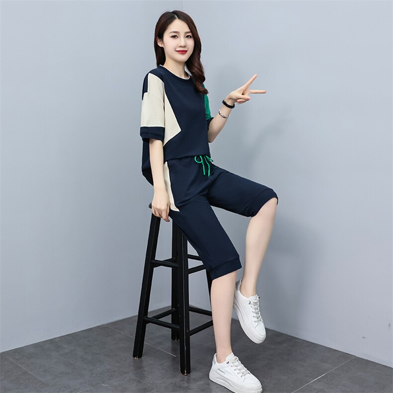 休闲运动女装季新款2025韩版时尚短袖五分裤拼接洋气潮,女装运动套装,凯瑟曼